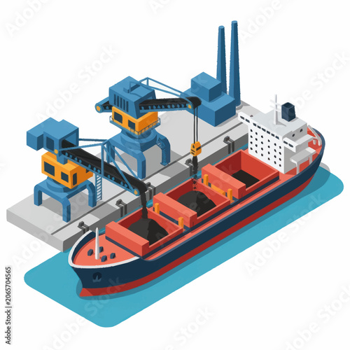 Canvastavla Cargo ship loading at industrial port with cranes and dockside facilities
