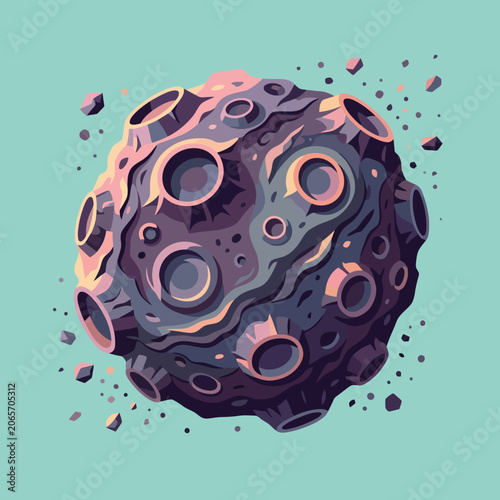 A detailed illustration of a rocky planetoid floating in space