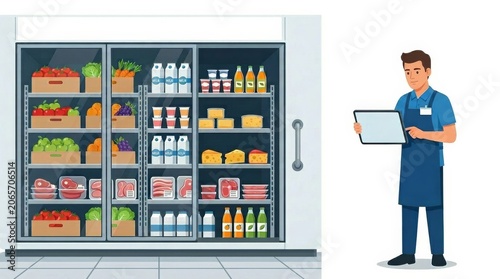 retail employee using tablet beside large refrigerated food display in modern supermarket. Generative AI