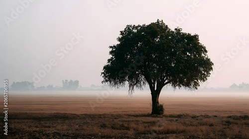 A solitary parched tree stands in a dusty arid field conveying a profound sense of stillness and solitude