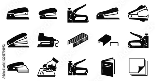 Industrial office stapler and upholstery tool icons for business supplies and construction.