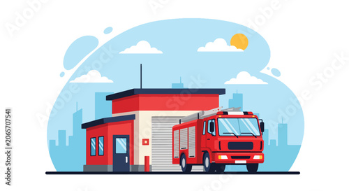 Cuadro en lienzo Flat style vector illustration of modern fire station with ladder truck and city background