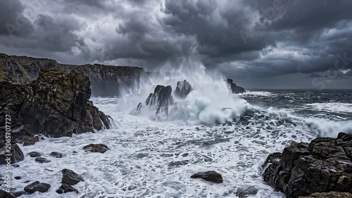 Slow motion tracking shot of ocean waves crashing against rugged rocky cliffs on remote coastline during stormy evening with dark clouds and turbulent sea energy