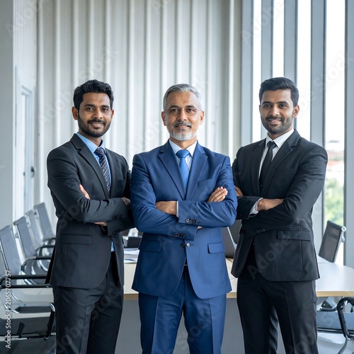 Three men in business suits standing confidently with arms crossed