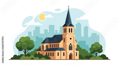 Schilderij op canvas Flat style vector illustration of church building surrounded by trees and cityscape