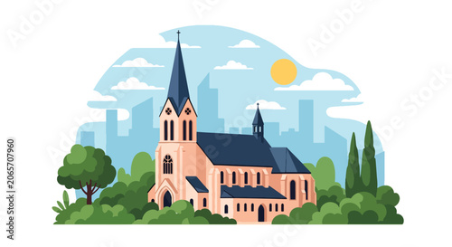Photos Flat style vector illustration of church building surrounded by trees and cityscape