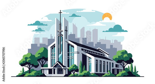 Foto Flat style vector illustration of church building surrounded by trees and cityscape