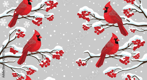 Red cardinal birds perch on snowy branches filled with bright red berries during a serene and peaceful winter snowfall.