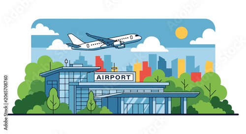 Flat style vector illustration of airport terminal with airplane flying and city skyline. Perfect for travel, transportation and aviation themes