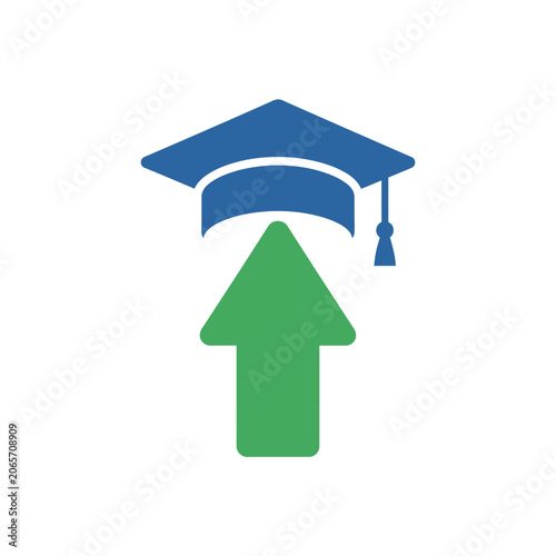 Green upward arrow pointing to blue graduation cap icon