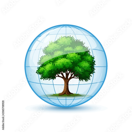 Green tree inside transparent globe with earth grid lines