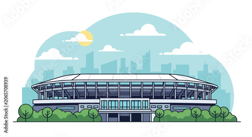 Fotografija Flat style vector illustration of modern stadium with city skyline and trees