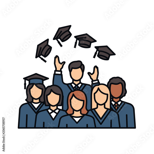 Group of diverse students celebrating graduation throwing mortarboards