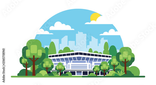 Canvastavla Flat style vector illustration of modern stadium with city skyline and trees