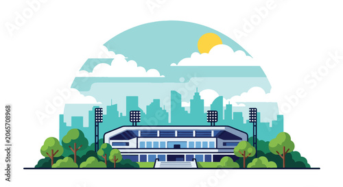 Canvastavla Flat style vector illustration of modern stadium with city skyline and trees