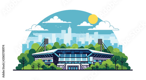 Slika na platnu Flat style vector illustration of modern stadium with city skyline and trees
