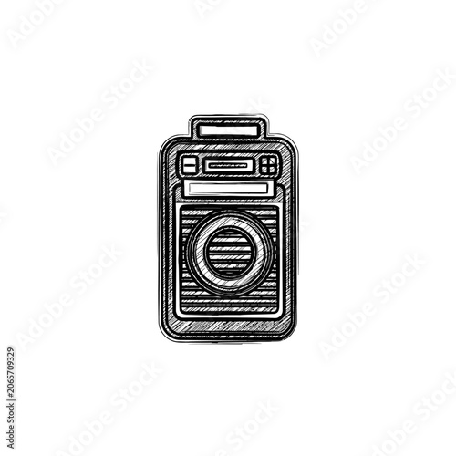 Hand drawn vintage portable radio illustration in black and white