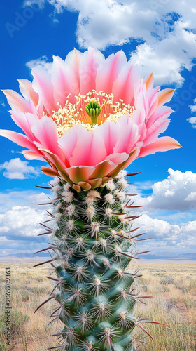 Blooming cactus flower captured during rare desert rain with dramatic lighting.