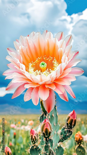 Blooming cactus flower captured during rare desert rain with dramatic lighting.