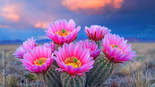 Blooming cactus flower in desert rain, capturing a rare dramatic moment.