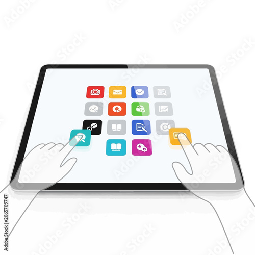 Hands interacting with colorful app icons on digital tablet