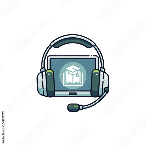 Headset surrounding a tablet with graduation icon for online education