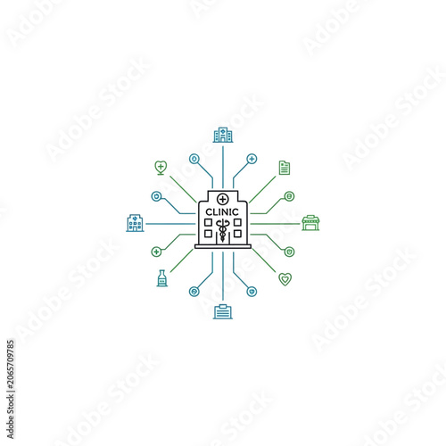 Healthcare clinic network icon with medical symbols on white background