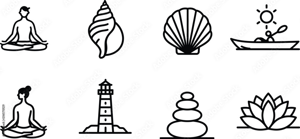 Naklejka premium Zen vector icon set for meditation and coastal lifestyle