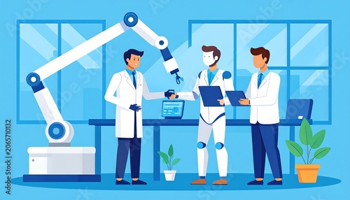 Three men in lab coats interact in a laboratory setting with a robotic arm and various equipment