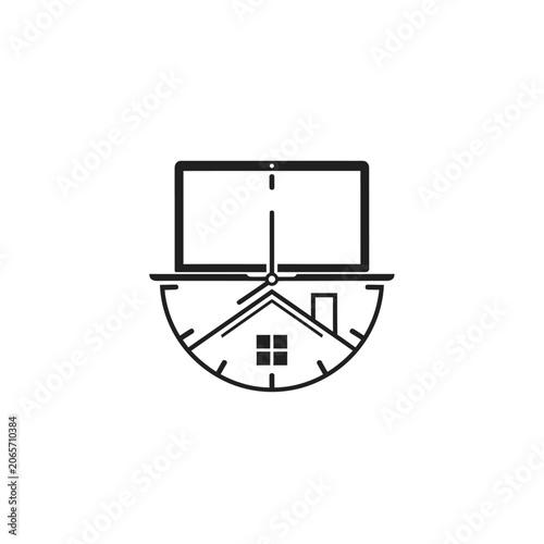 Home office icon with laptop house and clock face