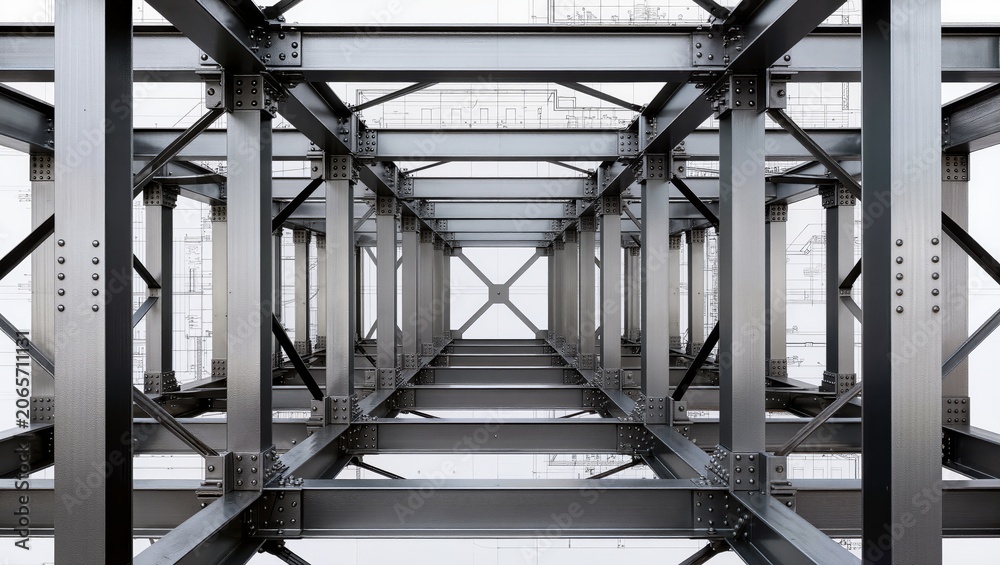 Naklejka premium Abstract Industrial Steel Framework Background, Geometric Metal Structure Pattern and Structural Engineering Architecture