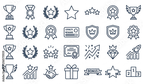 Vászonkép Reward and achievement outline icon collection with loyalty and bonus symbols