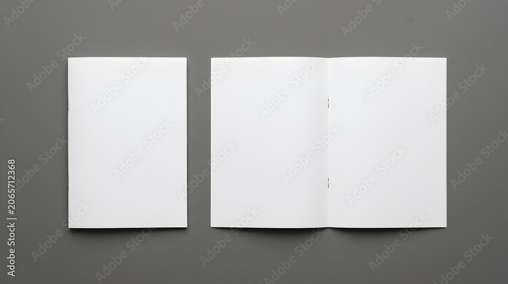Fototapeta premium Blank brochure, booklet, catalog, magazine, or zine mockup on a gray background, top view, showing a closed cover and an open spread
