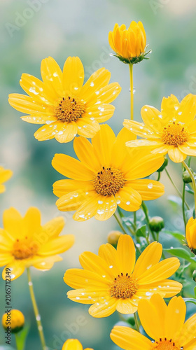 Golden rain falling over bright yellow daisy flowers with magical sparkling effect