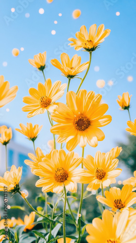 Golden rain falling gently over bright yellow daisies with magical sparkles