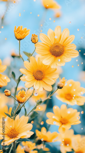 Golden rain falling over bright yellow daisies with magical sparkles