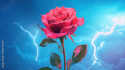 Gothic black rose with lightning storm background, dark moody floral image