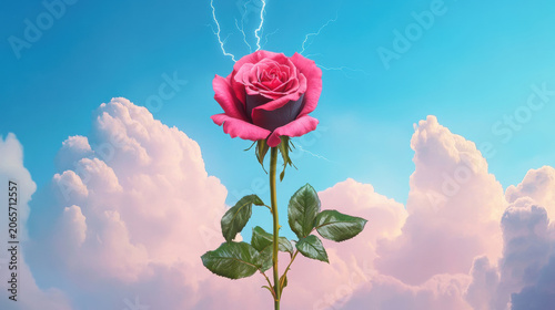 Gothic black rose with lightning in a thunderstorm background, dark and dramatic.
