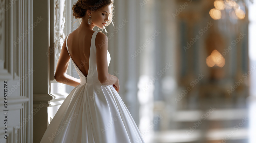 Naklejka premium Bride dancing in her wedding dress against classic wall moldings, elegant architectural backdrop, defocused ornate interior in background, wedding portrait concept photography,