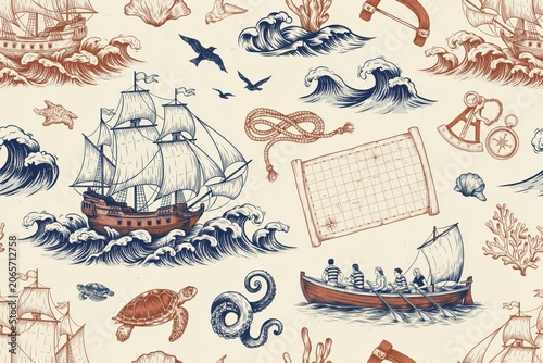 Vintage nautical seamless pattern featuring sailing ships, sea creatures, maps, and maritime navigation tools in a detailed hand drawn ink style