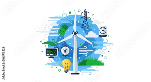 Sustainable Wind Energy Concept with Turbine, Power Grid, and Green Technology Icons for Clean Electricity and Environmental Conservation Illustration