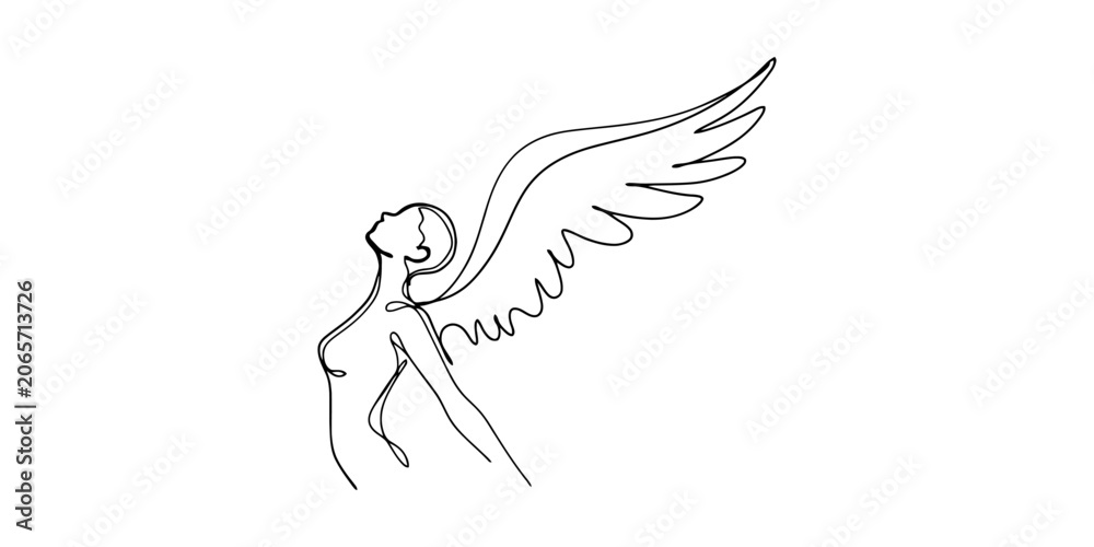 Fototapeta premium Continuous single line drawing of a woman with angel wings looking up towards the sky in a minimalist artistic style