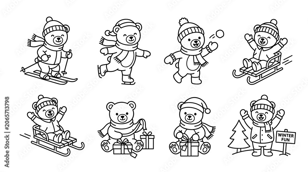 Fototapeta premium Outline cute bear winter activities vector icon collection with seasonal characters isolated on white