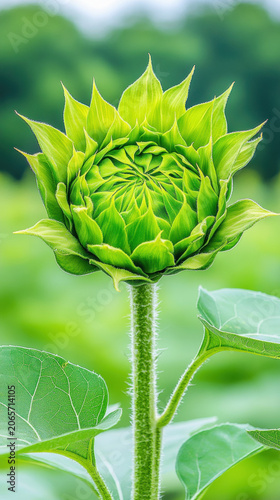 Small sunflower bud covered in rain before blooming, symbolizing hope and growth.