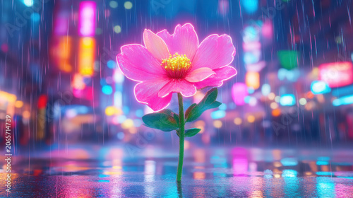 Surreal glowing neon flower in rain at night in a cyberpunk cityscape.