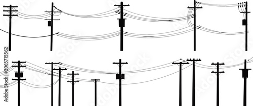 Foto Overhead Power Lines and Utility Poles Against White Background untitled illustr