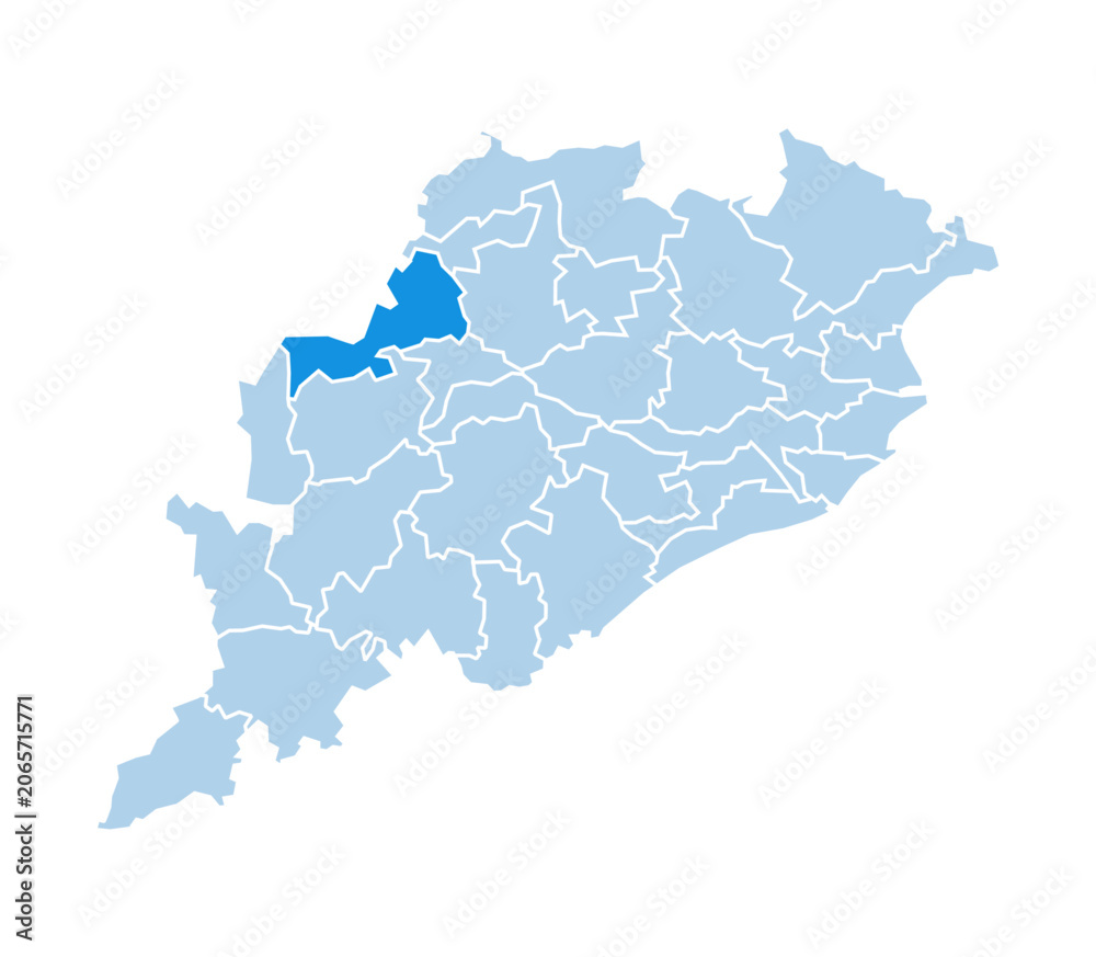 Fototapeta premium Bargarh district highlighted in blue on Odisha state map with light blue theme