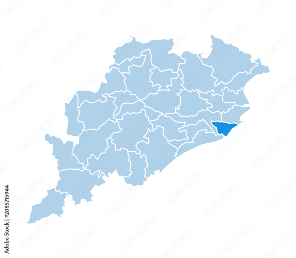 Obraz premium Jagatsinghpur district highlighted in blue on Odisha state map
