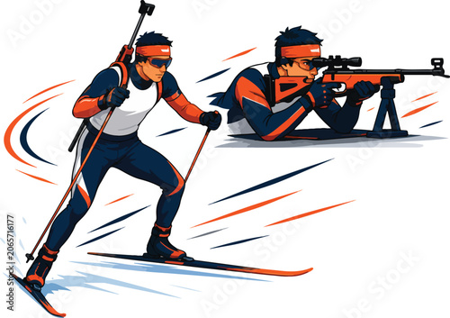 Fotografía Biathlete skiing and aiming rifle in competition biathlon