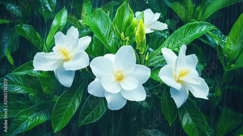 White gardenia flower glowing under moonlight on a rainy night.	